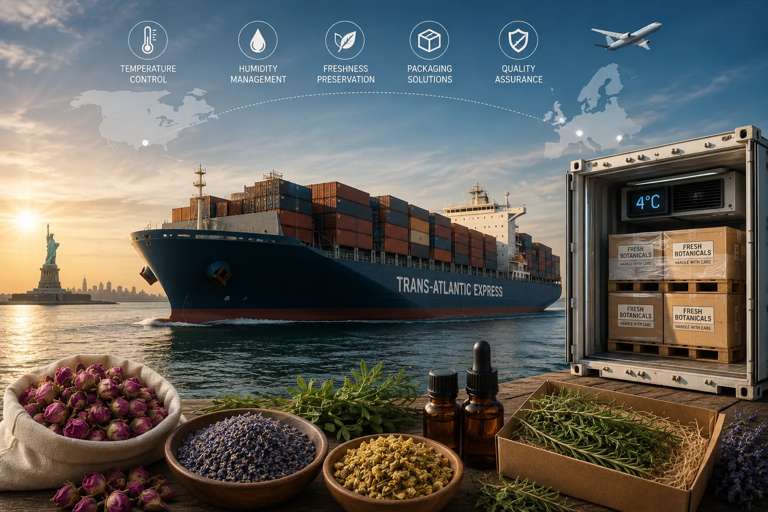 Wooden shipping crate with vacuum-sealed spice bags